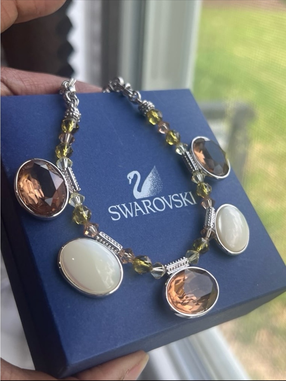 Swarovski Faceted Topaz & Khaki Mother of Pearl Necklace 17"-19